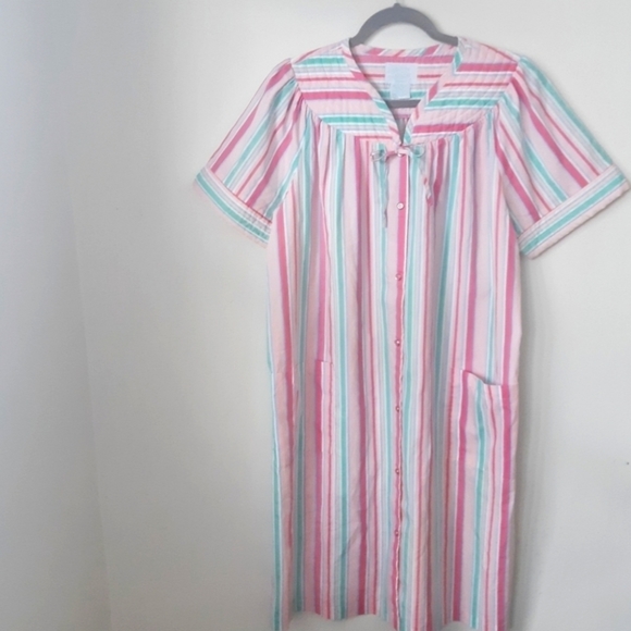 Vintage Pink and Blue Striped House Coat/Dress - Picture 1 of 5